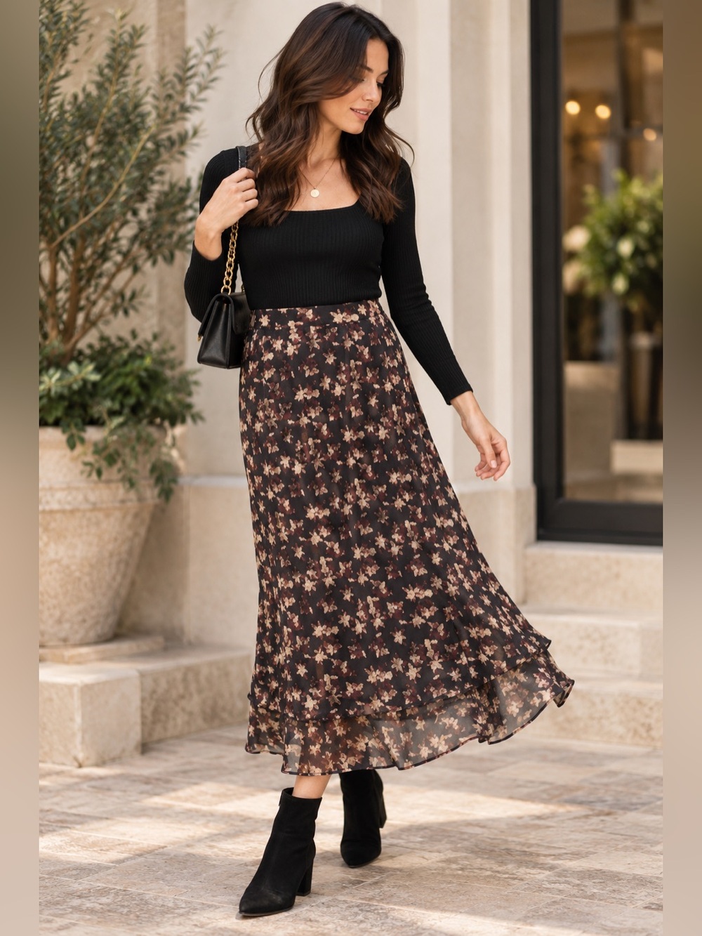 Frank And Oak Floral Tiered Midi Maxi Skirt Black Brown Large NWT